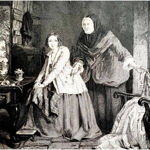 The Hearts Resolve Engraving 1859 Victorian Silk Dress Beautiful Woman Art DWY5G